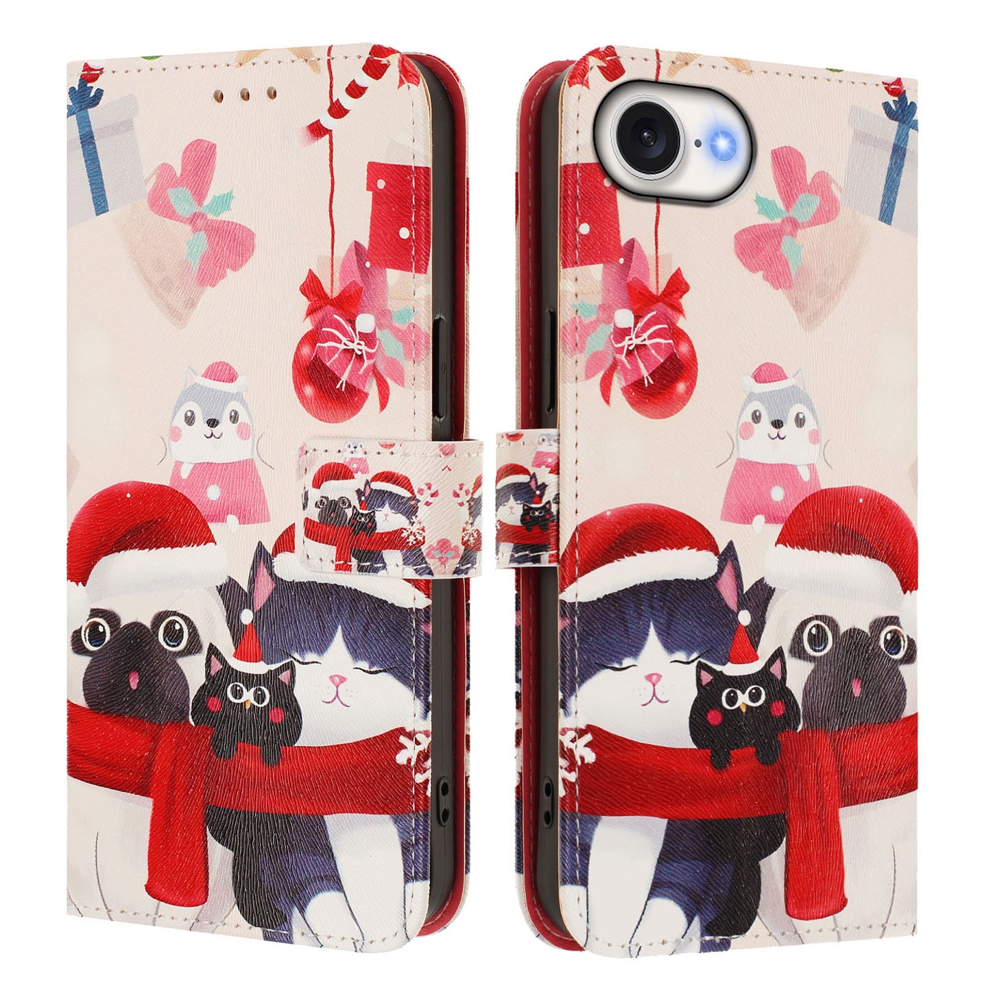 For iPhone 17e / 16e Wallet Case Christmas Pattern Printing Leather Phone Cover with Lanyard