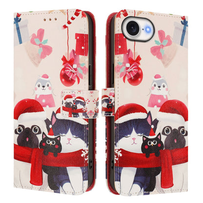 For iPhone 17e / 16e Wallet Case Christmas Pattern Printing Leather Phone Cover with Lanyard