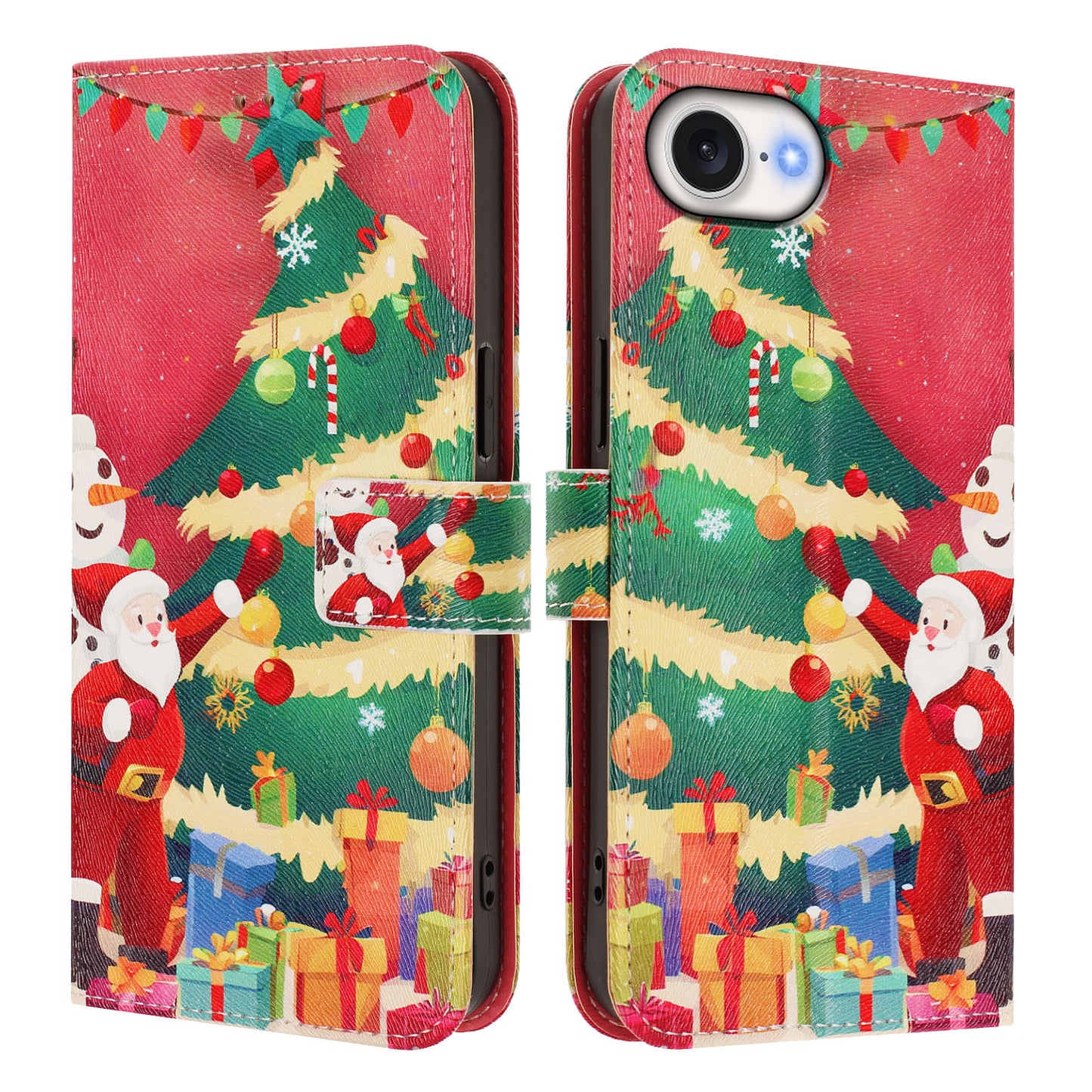 For iPhone 17e / 16e Wallet Case Christmas Pattern Printing Leather Phone Cover with Lanyard