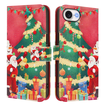 For iPhone 17e / 16e Wallet Case Christmas Pattern Printing Leather Phone Cover with Lanyard