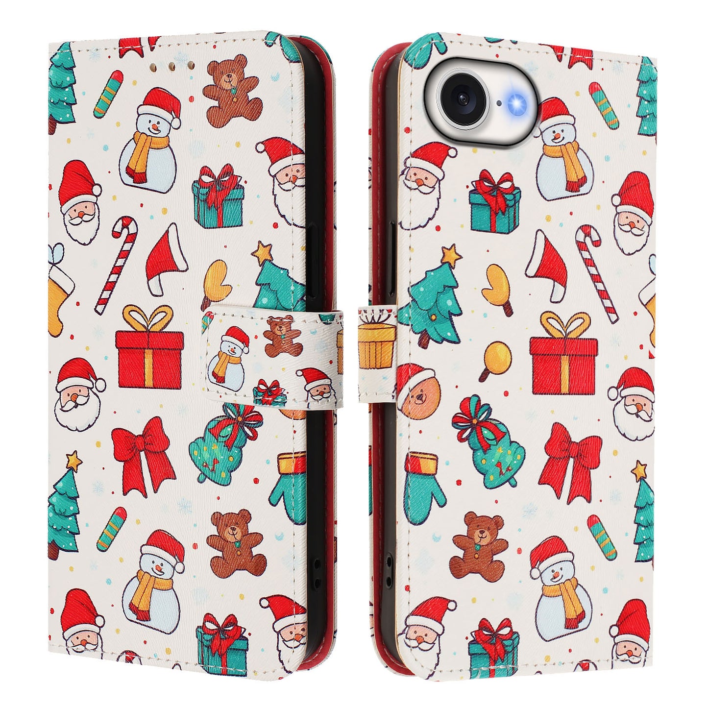 For iPhone 17e / 16e Wallet Case Christmas Pattern Printing Leather Phone Cover with Lanyard
