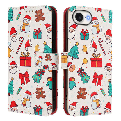 For iPhone 17e / 16e Wallet Case Christmas Pattern Printing Leather Phone Cover with Lanyard
