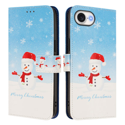 For iPhone 17e / 16e Wallet Case Christmas Pattern Printing Leather Phone Cover with Lanyard