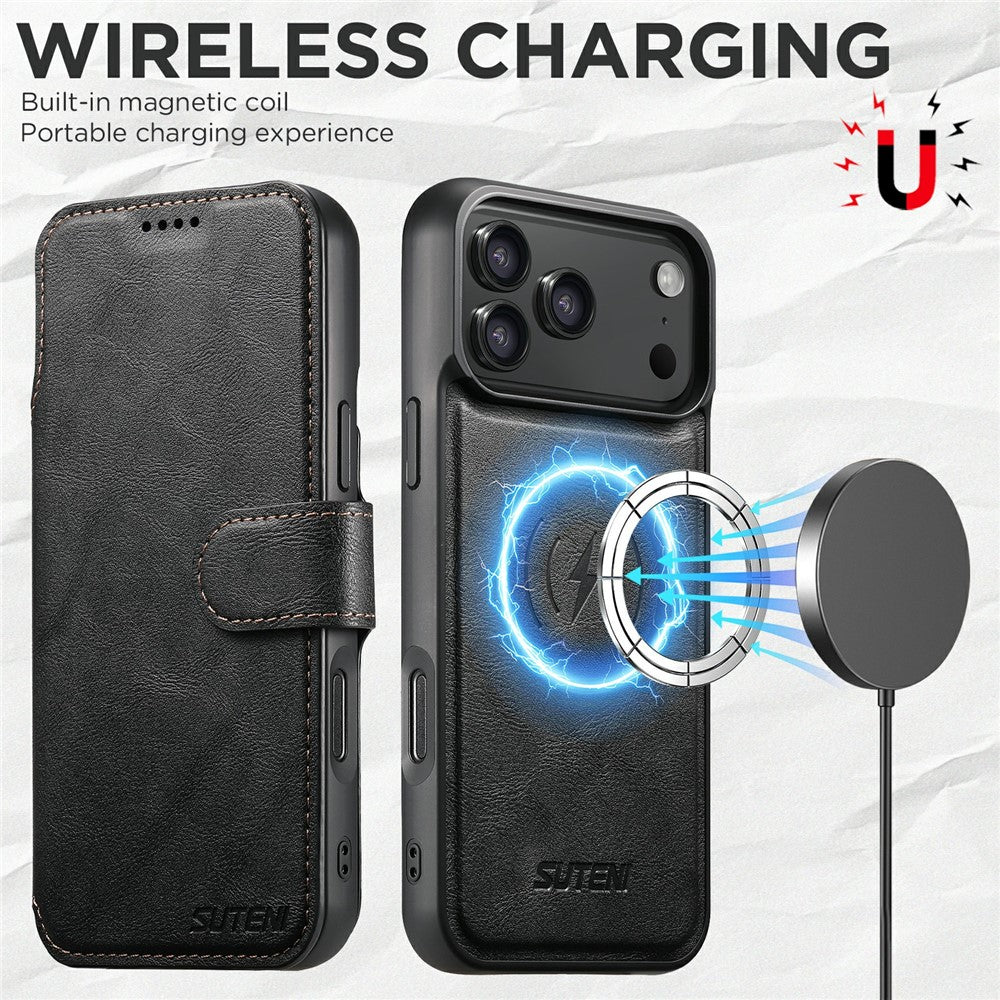 SUTENI Q-05 For iPhone 17 Pro Wallet Case 2 in 1 Detachable Leather Flip Phone Cover with Stand