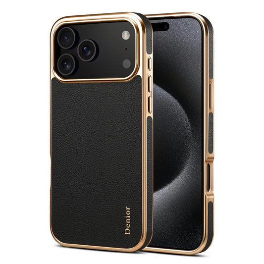 DENIOR For iPhone 17 Pro Max Case Genuine Cow Leather Coated PC + TPU Electroplating Phone Cover