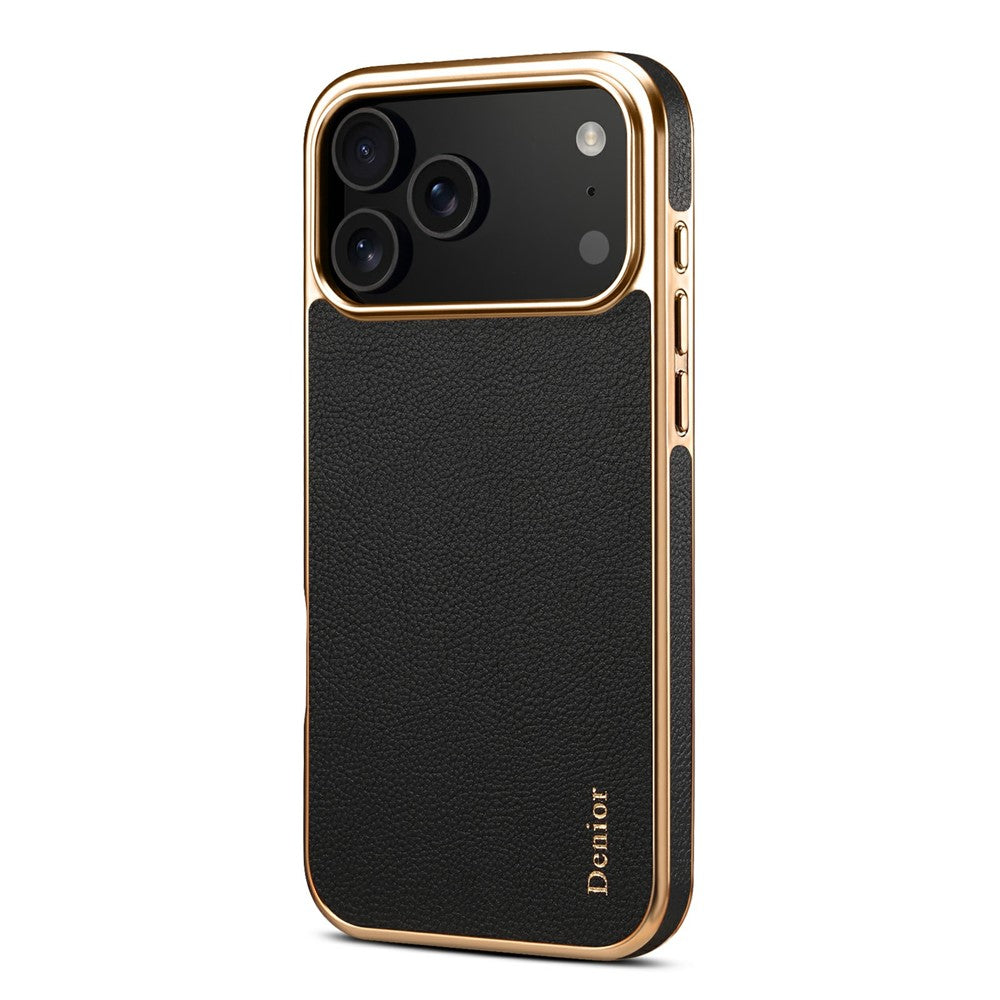 DENIOR For iPhone 17 Pro Max Case Genuine Cow Leather Coated PC + TPU Electroplating Phone Cover