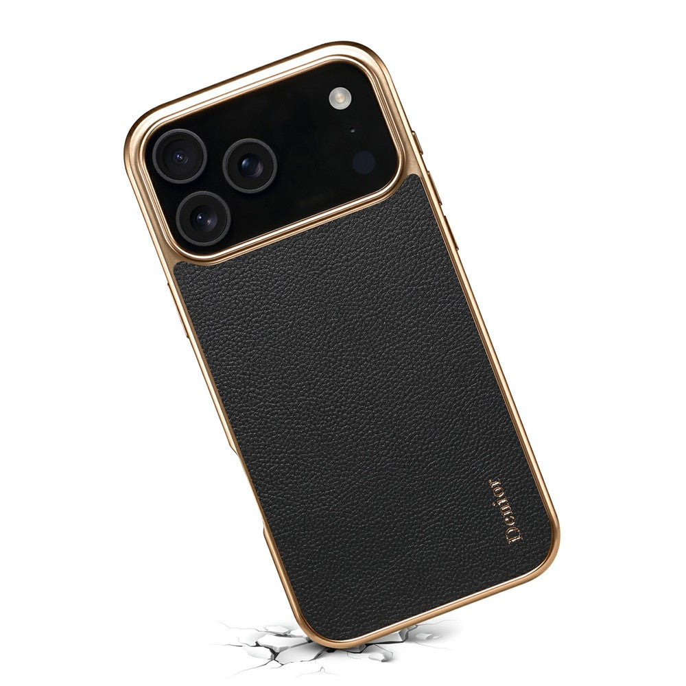 DENIOR For iPhone 17 Pro Max Case Genuine Cow Leather Coated PC + TPU Electroplating Phone Cover