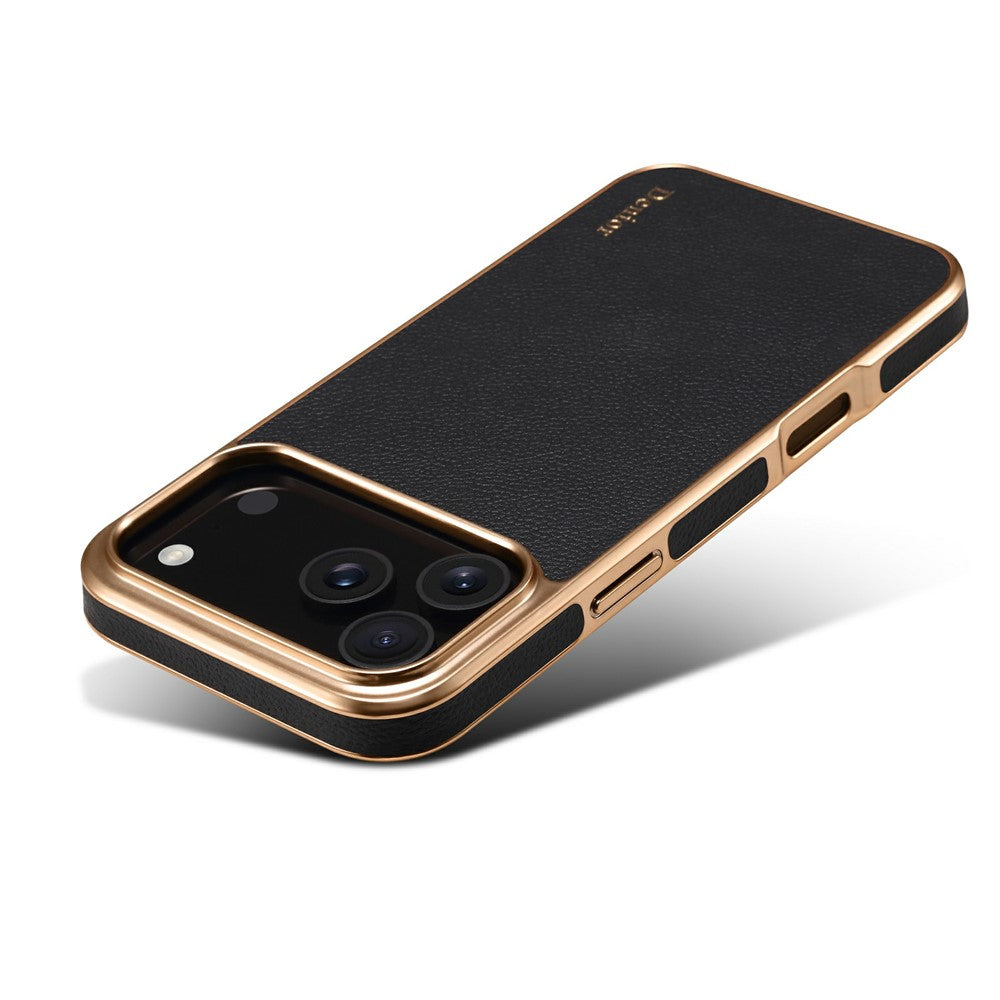DENIOR For iPhone 17 Pro Max Case Genuine Cow Leather Coated PC + TPU Electroplating Phone Cover