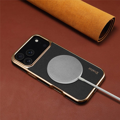 DENIOR For iPhone 17 Pro Max Case Genuine Cow Leather Coated PC + TPU Electroplating Phone Cover