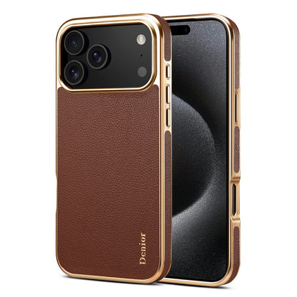 DENIOR For iPhone 17 Pro Max Case Genuine Cow Leather Coated PC + TPU Electroplating Phone Cover