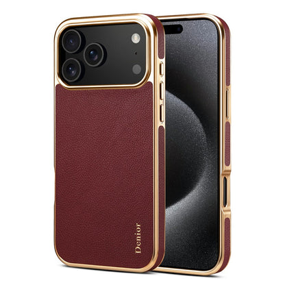 DENIOR For iPhone 17 Pro Max Case Genuine Cow Leather Coated PC + TPU Electroplating Phone Cover