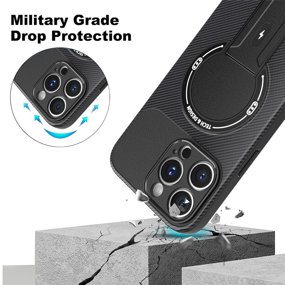For iPhone 15 Pro Case with Kickstand Carbon Fiber Texture PC + TPU Phone Cover
