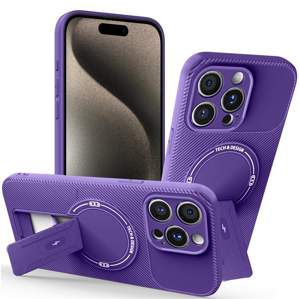 For iPhone 15 Pro Case with Kickstand Carbon Fiber Texture PC + TPU Phone Cover