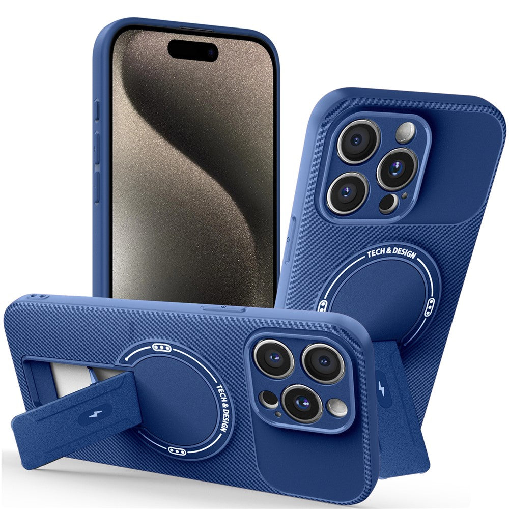 For iPhone 15 Pro Case with Kickstand Carbon Fiber Texture PC + TPU Phone Cover