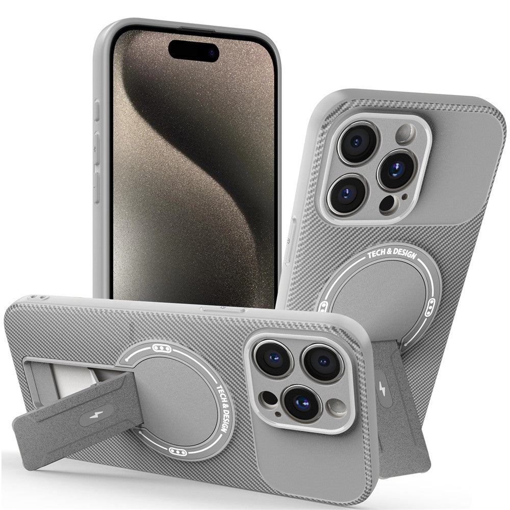 For iPhone 15 Pro Case with Kickstand Carbon Fiber Texture PC + TPU Phone Cover