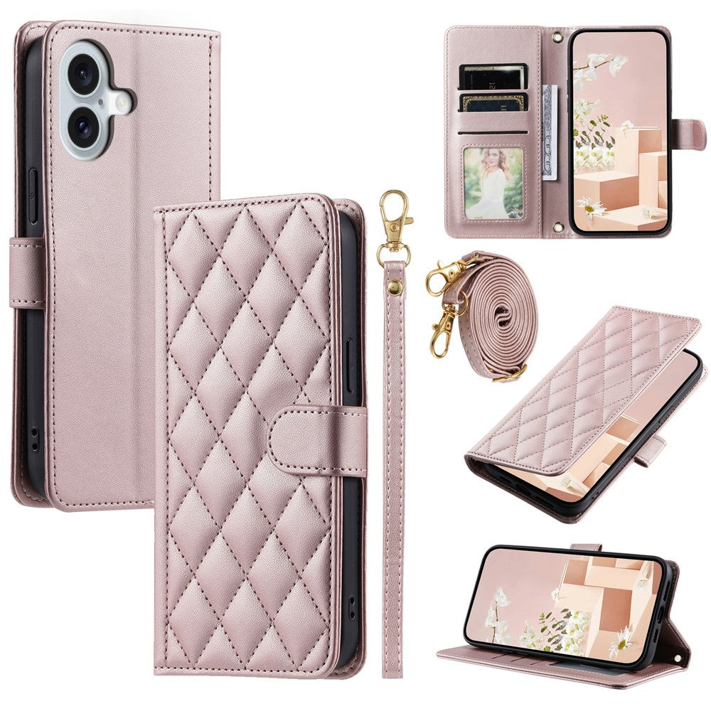 For iPhone 17 Case Wallet Rhombus Grid PU Leather Phone Cover with Shoulder Strap / Wrist Strap
