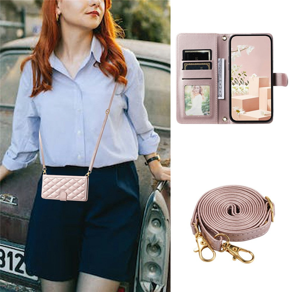 For iPhone 17 Case Wallet Rhombus Grid PU Leather Phone Cover with Shoulder Strap / Wrist Strap