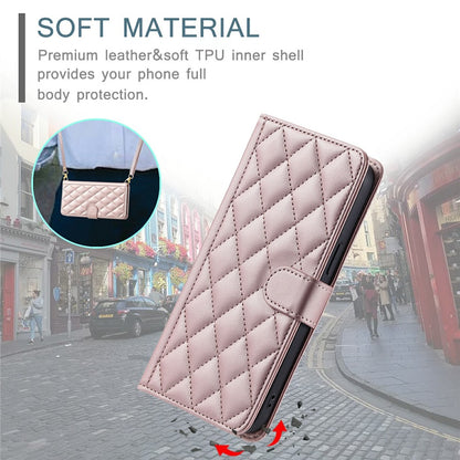 For iPhone 17 Case Wallet Rhombus Grid PU Leather Phone Cover with Shoulder Strap / Wrist Strap