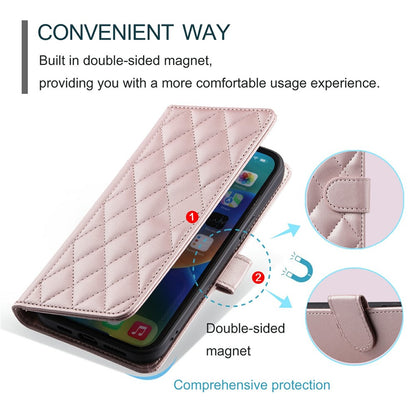For iPhone 17 Case Wallet Rhombus Grid PU Leather Phone Cover with Shoulder Strap / Wrist Strap
