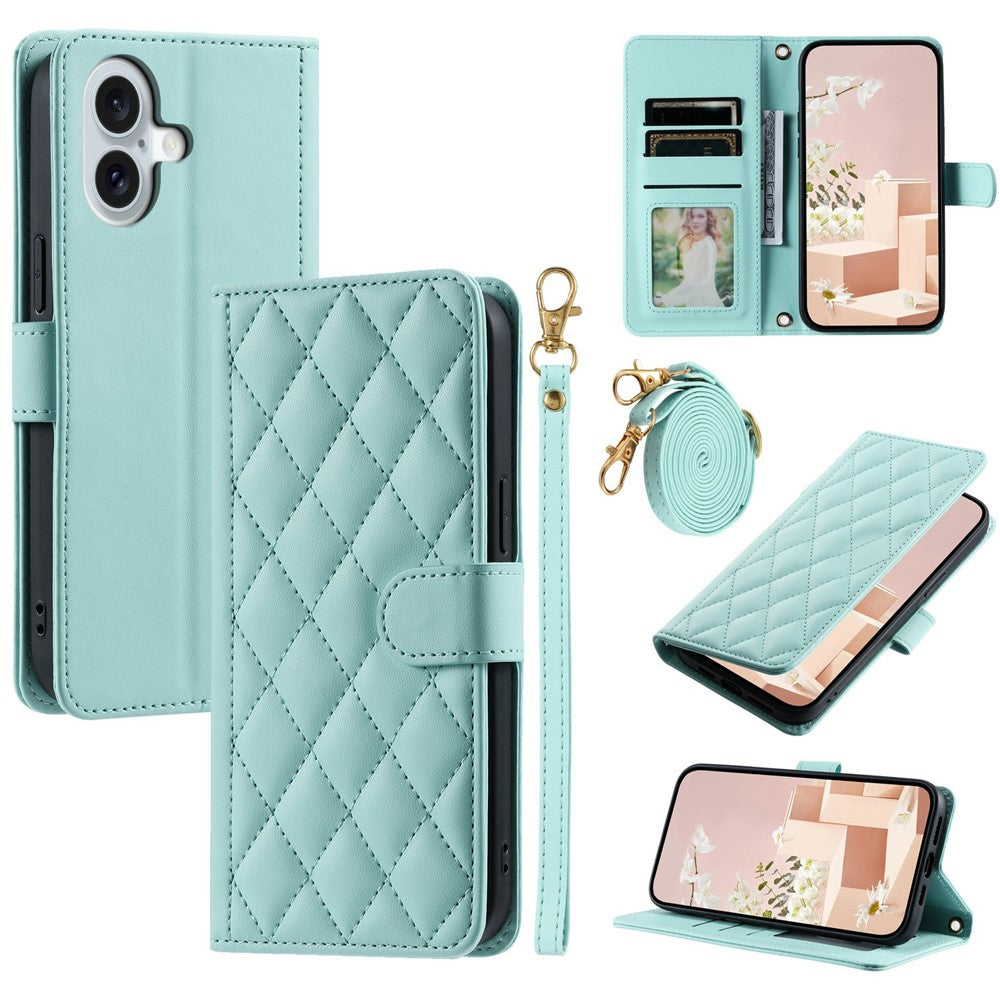 For iPhone 17 Case Wallet Rhombus Grid PU Leather Phone Cover with Shoulder Strap / Wrist Strap