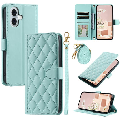 For iPhone 17 Case Wallet Rhombus Grid PU Leather Phone Cover with Shoulder Strap / Wrist Strap