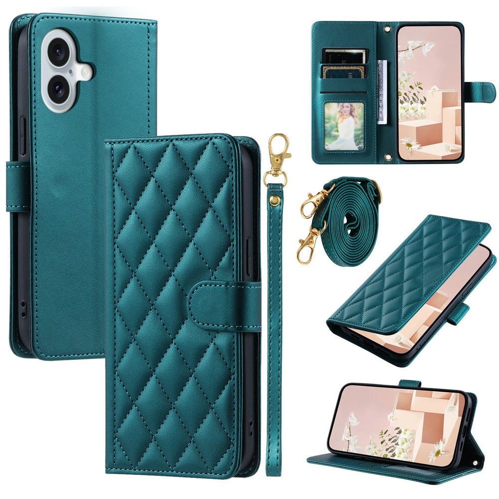 For iPhone 17 Case Wallet Rhombus Grid PU Leather Phone Cover with Shoulder Strap / Wrist Strap