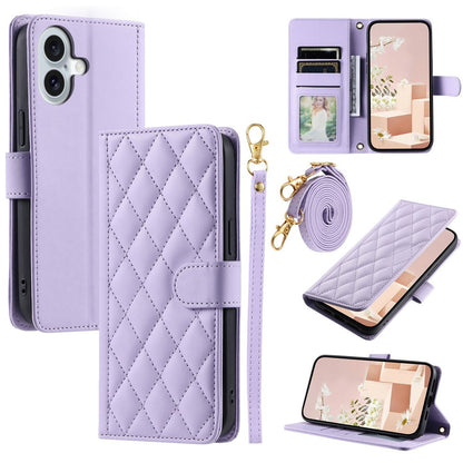 For iPhone 17 Case Wallet Rhombus Grid PU Leather Phone Cover with Shoulder Strap / Wrist Strap