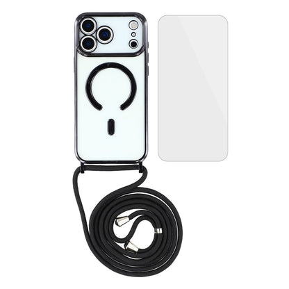 For iPhone 17 Pro Max Case Compatible with MagSafe Electroplating Edge TPU Phone Cover with Screen Film / Shoulder Strap