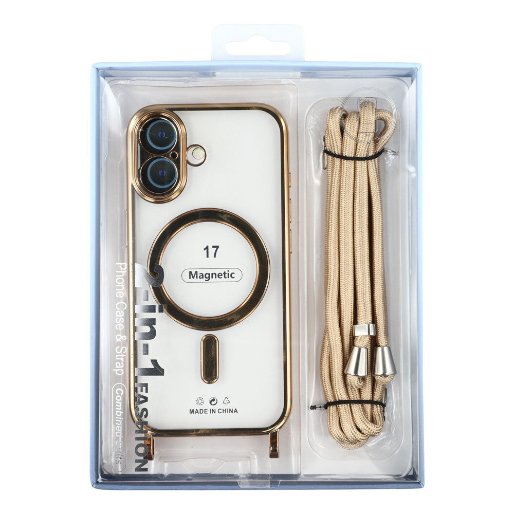 For iPhone 17 Case Compatible with MagSafe Electroplating Edge TPU Phone Cover with Screen Film / Shoulder Strap