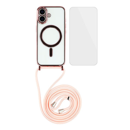 For iPhone 17 Case Compatible with MagSafe Electroplating Edge TPU Phone Cover with Screen Film / Shoulder Strap