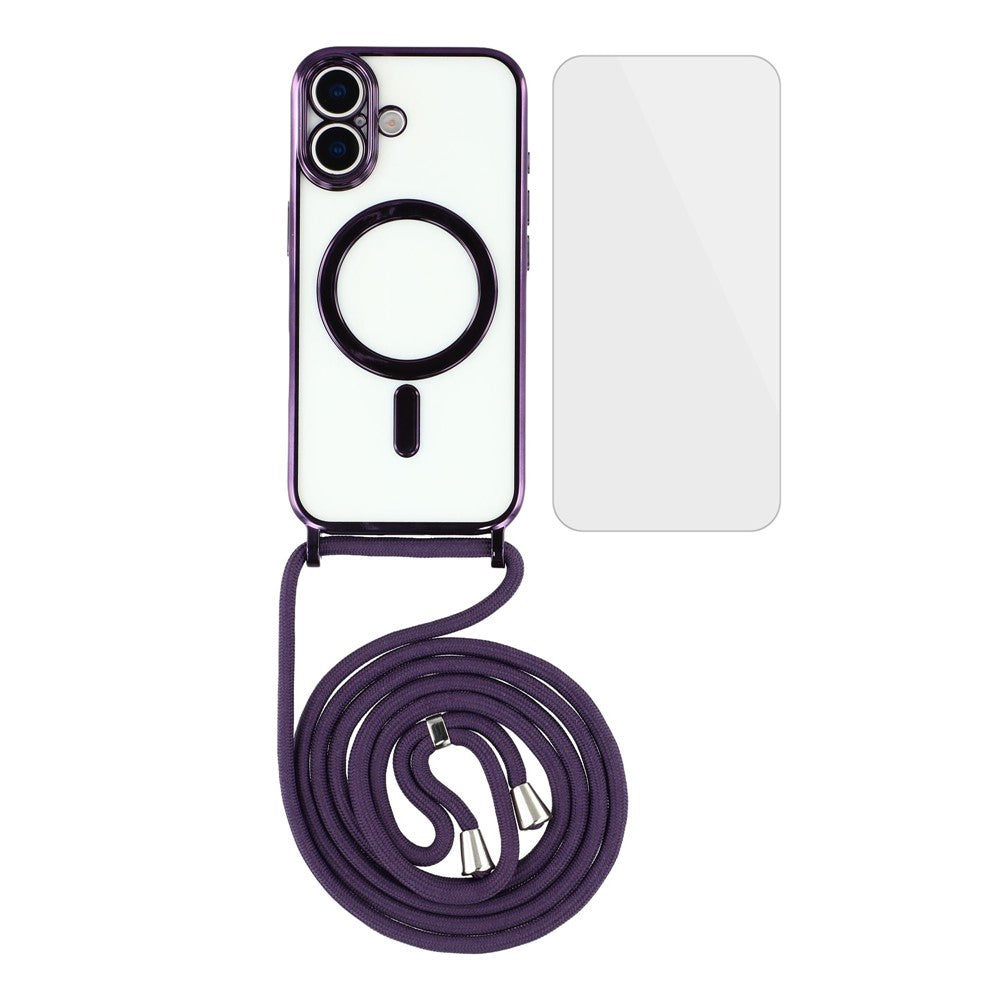 For iPhone 17 Case Compatible with MagSafe Electroplating Edge TPU Phone Cover with Screen Film / Shoulder Strap