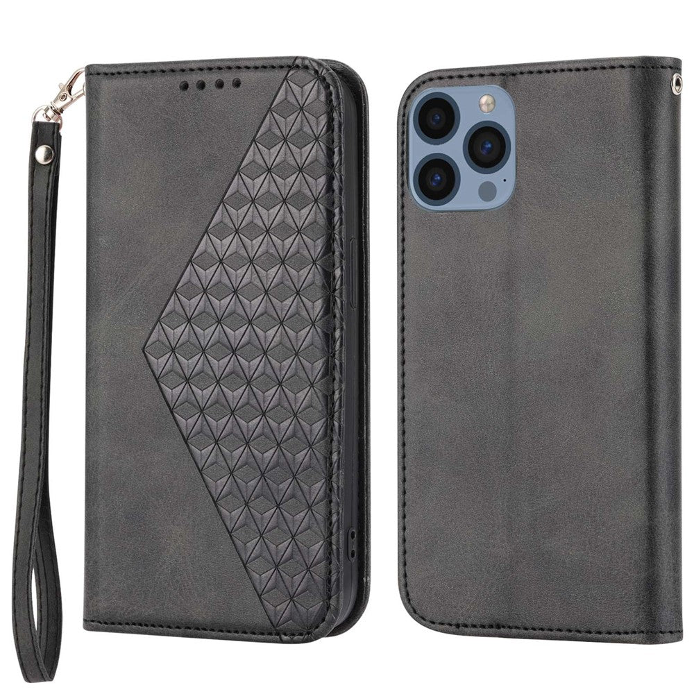 For iPhone 14 Pro Max Calf Texture PU Leather Case Magnetic Wallet Imprinted Rhombus Pattern Phone Stand Cover with Strap