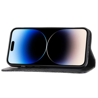 For iPhone 14 Pro Max Calf Texture PU Leather Case Magnetic Wallet Imprinted Rhombus Pattern Phone Stand Cover with Strap