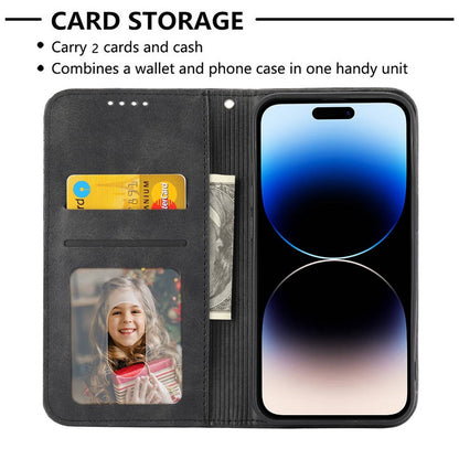 For iPhone 14 Pro Max Calf Texture PU Leather Case Magnetic Wallet Imprinted Rhombus Pattern Phone Stand Cover with Strap
