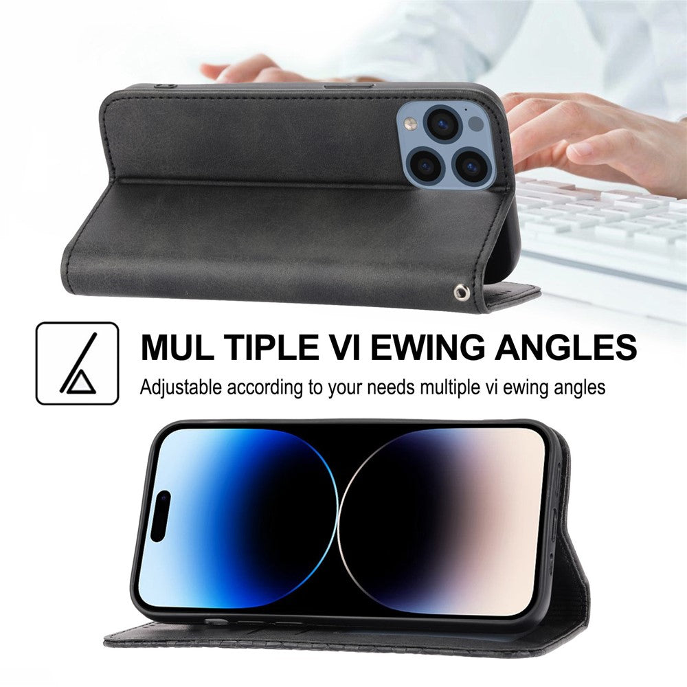 For iPhone 14 Pro Max Calf Texture PU Leather Case Magnetic Wallet Imprinted Rhombus Pattern Phone Stand Cover with Strap