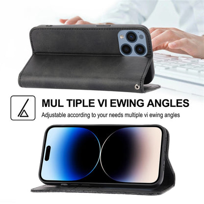 For iPhone 14 Pro Max Calf Texture PU Leather Case Magnetic Wallet Imprinted Rhombus Pattern Phone Stand Cover with Strap