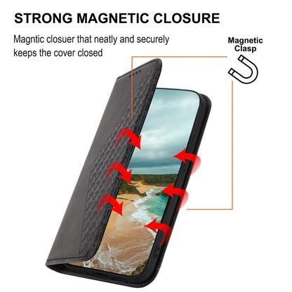 For iPhone 14 Pro Max Calf Texture PU Leather Case Magnetic Wallet Imprinted Rhombus Pattern Phone Stand Cover with Strap