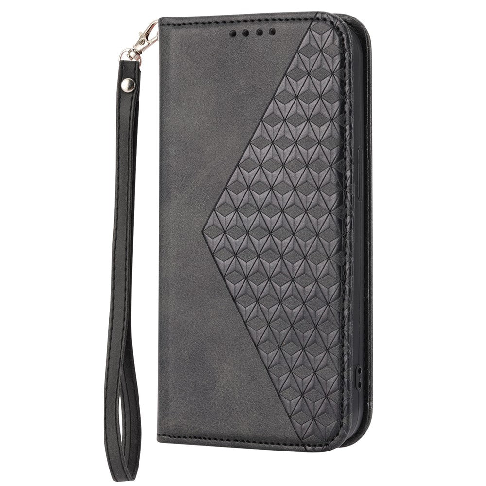 For iPhone 14 Pro Max Calf Texture PU Leather Case Magnetic Wallet Imprinted Rhombus Pattern Phone Stand Cover with Strap