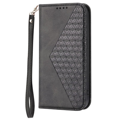 For iPhone 14 Pro Max Calf Texture PU Leather Case Magnetic Wallet Imprinted Rhombus Pattern Phone Stand Cover with Strap