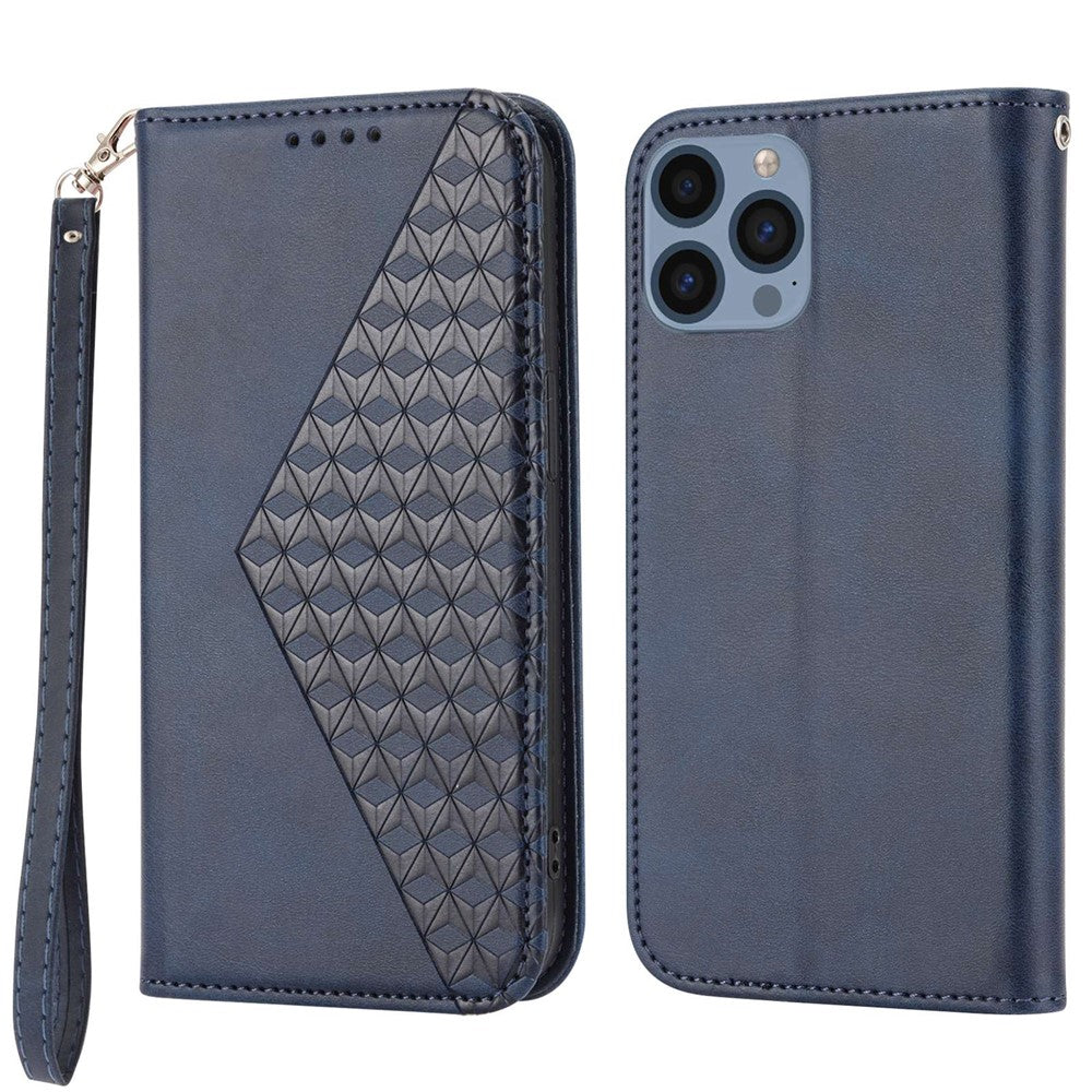 For iPhone 14 Pro Max Calf Texture PU Leather Case Magnetic Wallet Imprinted Rhombus Pattern Phone Stand Cover with Strap