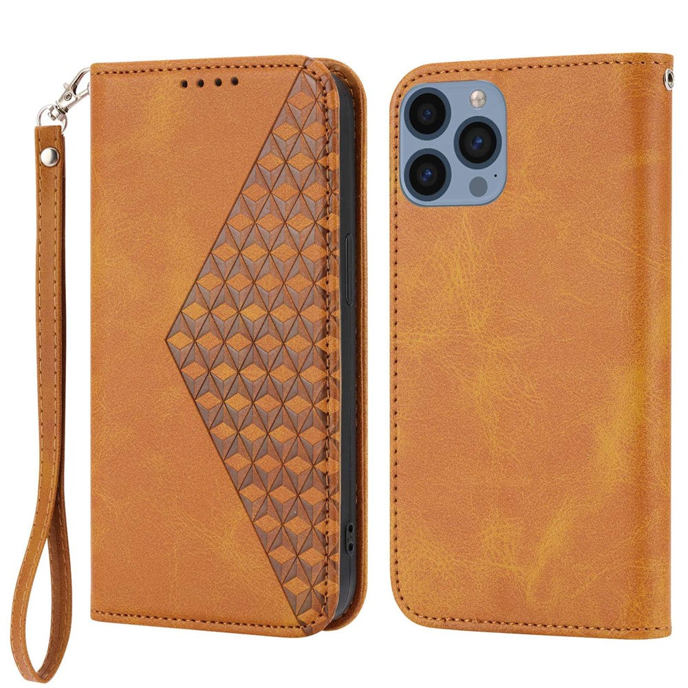 For iPhone 14 Pro Max Calf Texture PU Leather Case Magnetic Wallet Imprinted Rhombus Pattern Phone Stand Cover with Strap