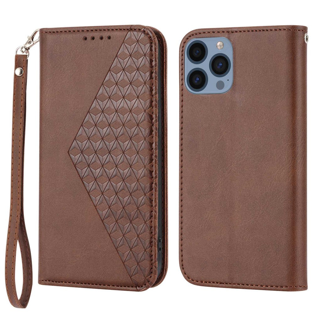 For iPhone 14 Pro Max Calf Texture PU Leather Case Magnetic Wallet Imprinted Rhombus Pattern Phone Stand Cover with Strap