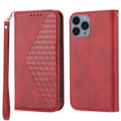 For iPhone 14 Pro Max Calf Texture PU Leather Case Magnetic Wallet Imprinted Rhombus Pattern Phone Stand Cover with Strap