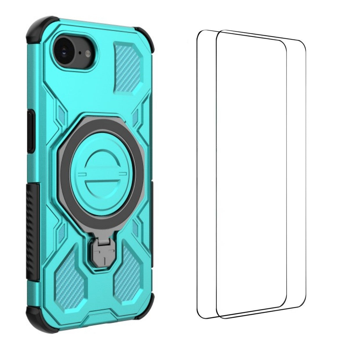 WANLONFENG For iPhone 17e / 16e Case Kickstand with 2Pcs Screen Film  KJ Series PC TPU Phone Cover (Big Lens Hole)