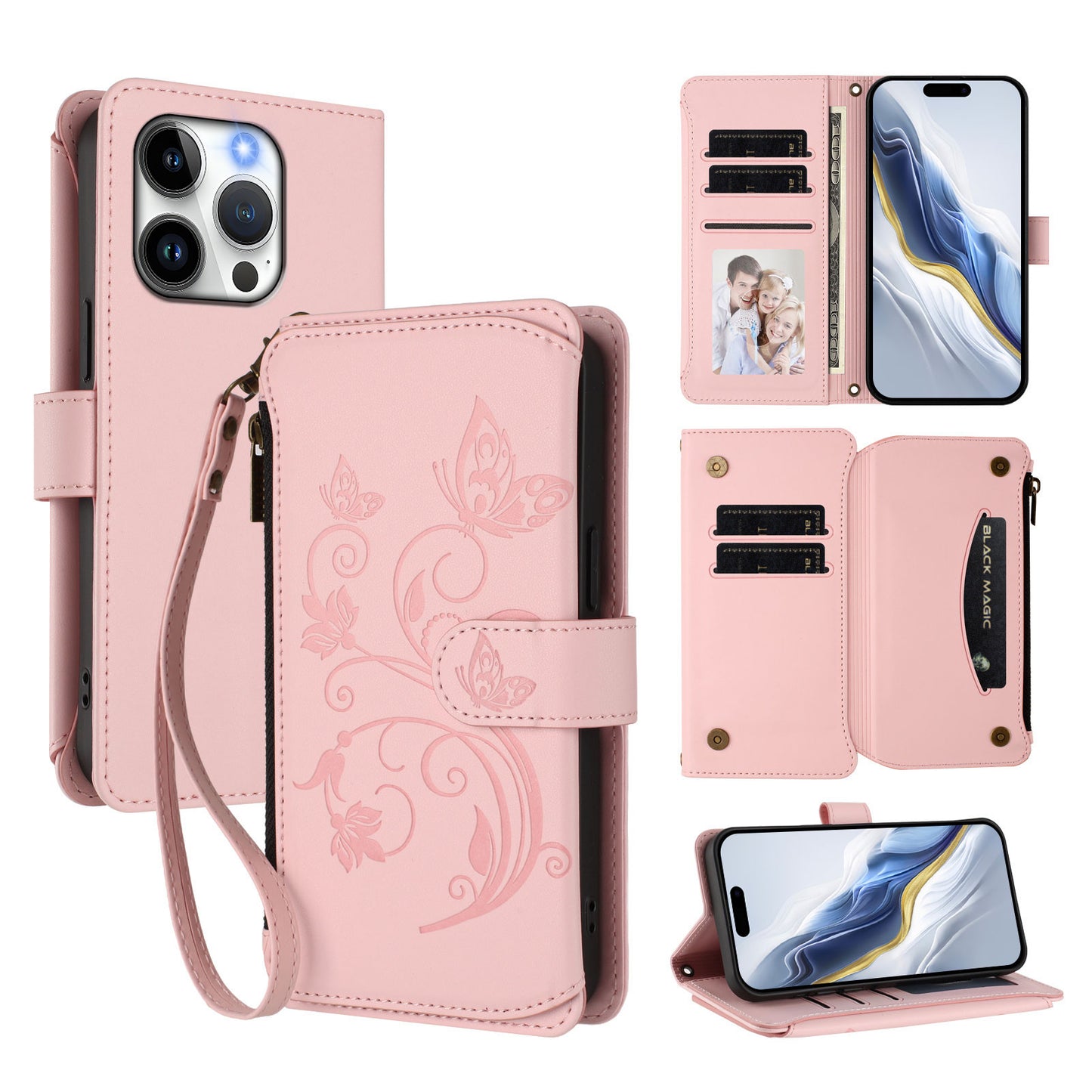 For iPhone 15 Pro Leather Case Butterfly Floral Imprint Zipper Wallet Stand Cover with Wrist Strap