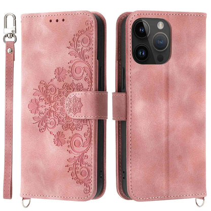 Skin-touch Imprinted Flowers Pattern Leather Case for iPhone 14 Pro Max, Stand Wallet Multiple Card Slots Phone Cover with Wrist Strap and Shoulder Strap