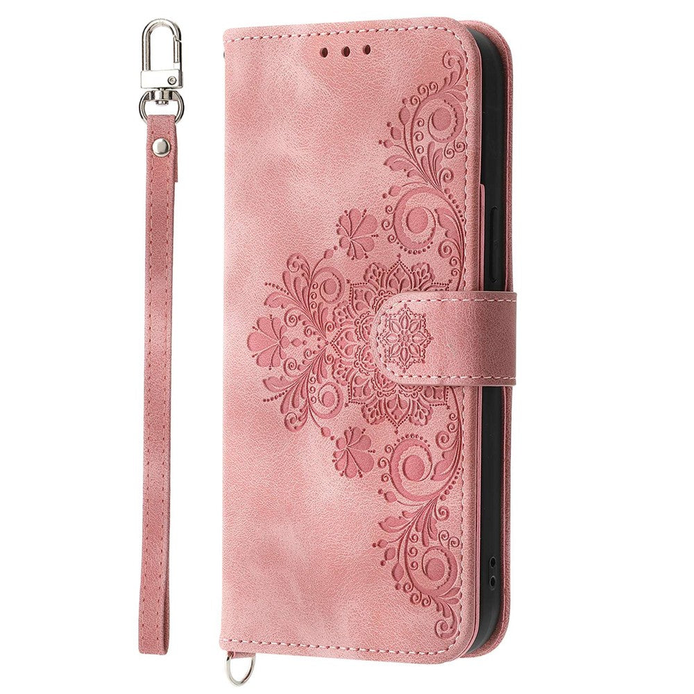 Skin-touch Imprinted Flowers Pattern Leather Case for iPhone 14 Pro Max, Stand Wallet Multiple Card Slots Phone Cover with Wrist Strap and Shoulder Strap