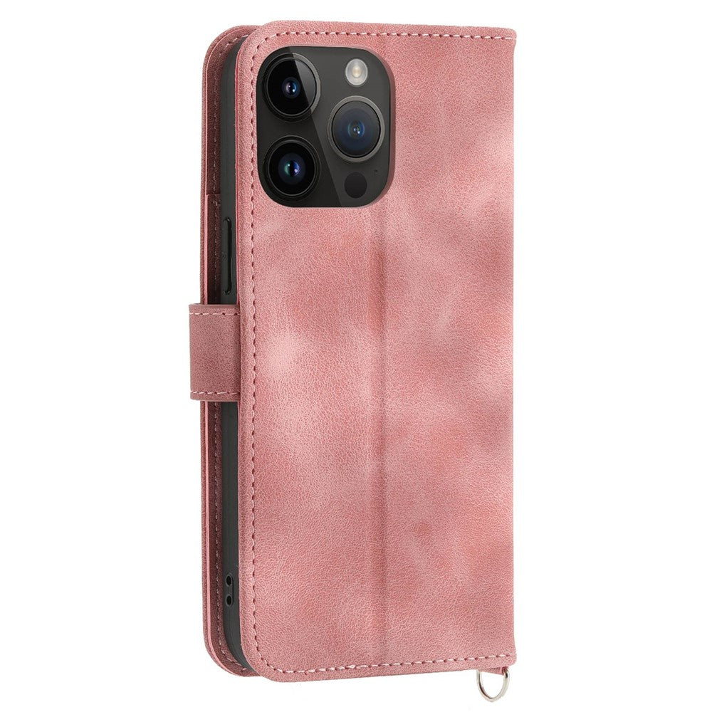 Skin-touch Imprinted Flowers Pattern Leather Case for iPhone 14 Pro Max, Stand Wallet Multiple Card Slots Phone Cover with Wrist Strap and Shoulder Strap