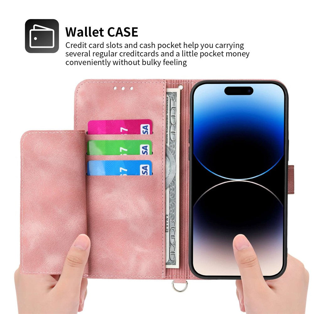 Skin-touch Imprinted Flowers Pattern Leather Case for iPhone 14 Pro Max, Stand Wallet Multiple Card Slots Phone Cover with Wrist Strap and Shoulder Strap