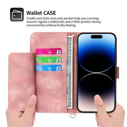 Skin-touch Imprinted Flowers Pattern Leather Case for iPhone 14 Pro Max, Stand Wallet Multiple Card Slots Phone Cover with Wrist Strap and Shoulder Strap